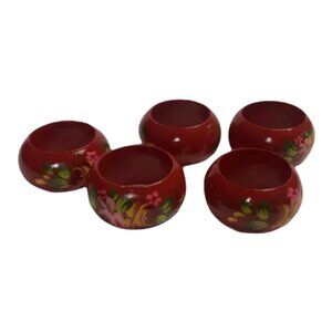 Napkin Ring Flower 5 Count Wood  Round Red Floral Folk Art Garden
